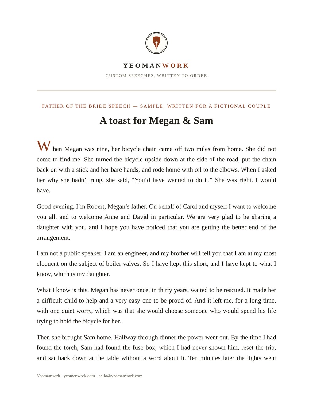 Page one of a typeset sample father of the bride speech
