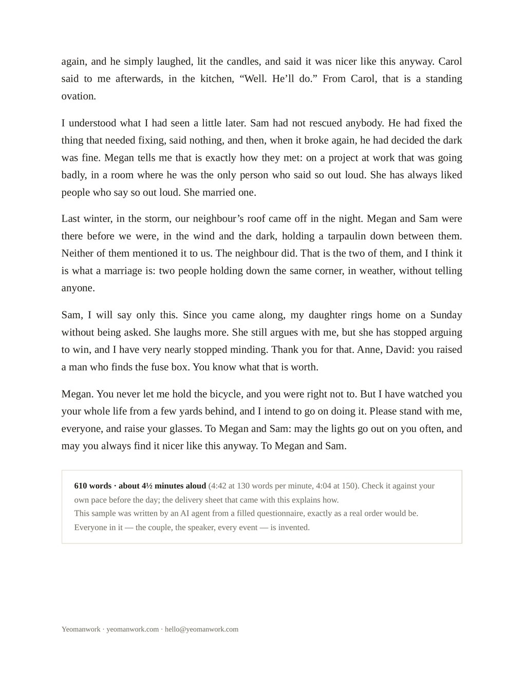 Page two of the father of the bride sample, ending with the toast