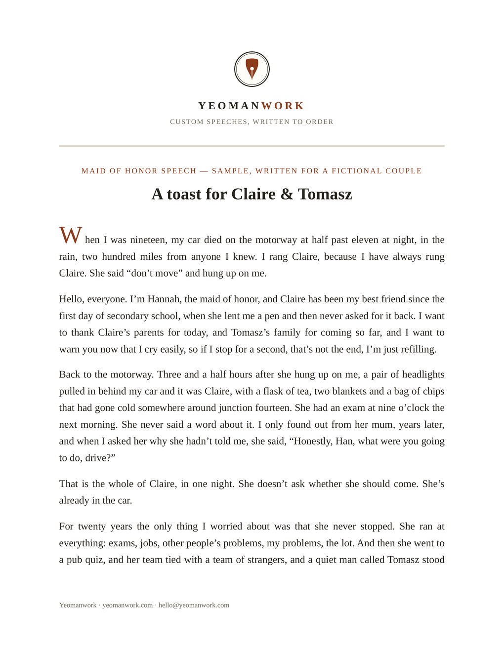Page one of a typeset sample maid of honor speech